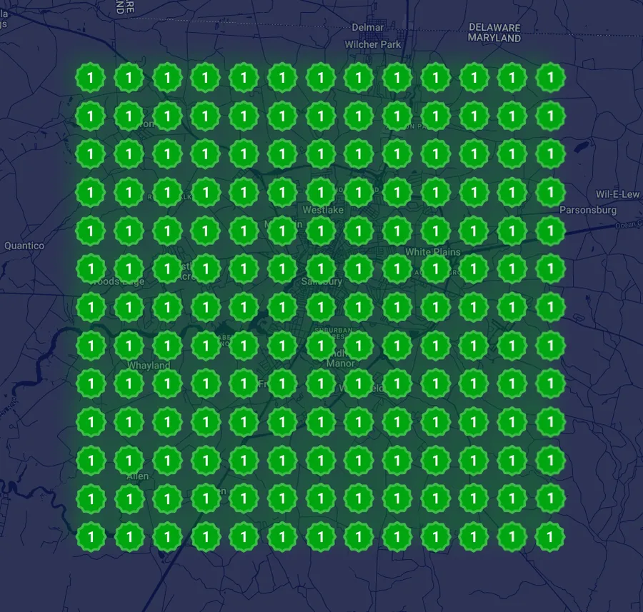 Rank Map showing all-green results across Salisbury, MD after Google Business Profile optimization