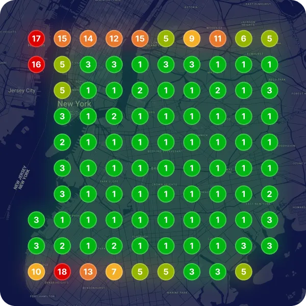 Rank Map showing local search ranking positions across a service area