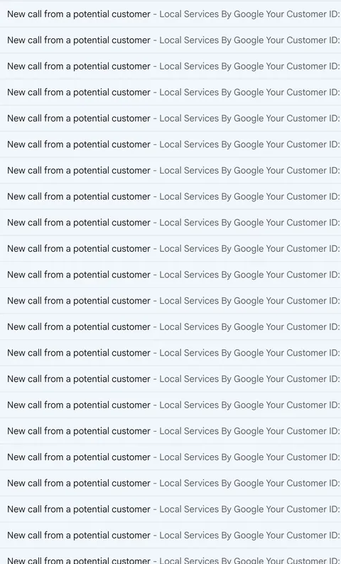 A string of new pay-per-call lead notification emails from Google Local Services Ads