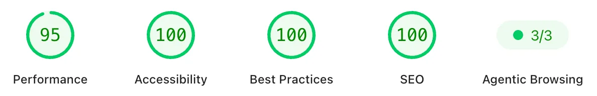 Google PageSpeed Insights score of 95 performance, 100 accessibility, 100 best practices, 100 SEO, and 3/3 agentic browsing
